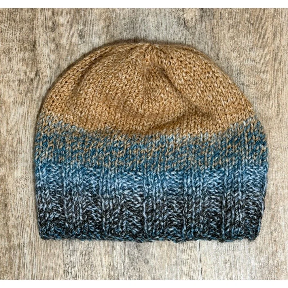 New Hand Knitted Acrylic Blue & Beige Beanie Hat Unisex Beanie